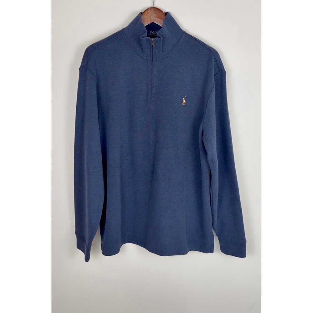 Polo Ralph Lauren Sweater Mens Large 1/4 Zip Blue Estate Rib 100% Cotton